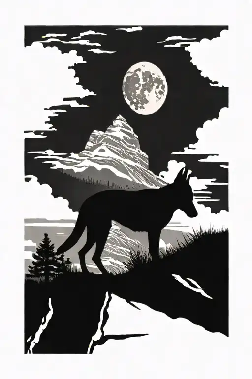A tattoo of a Belgian Malinois standing on a cliff overlooking a silhouette of his master below tattoo design idea