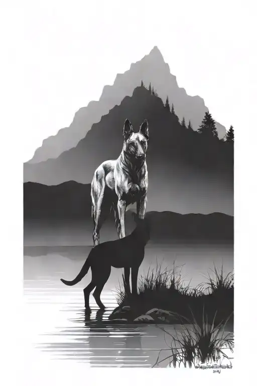 change the silhouette in this picture to a small silhouette male human crouched by the water. add a belgian malinois  tattoo design idea