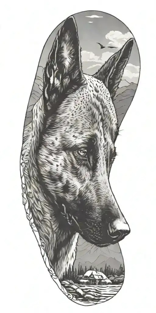 A foreground image of a Belgian malinois with a background of a landscape with predators ominously observing the dog tattoo design idea