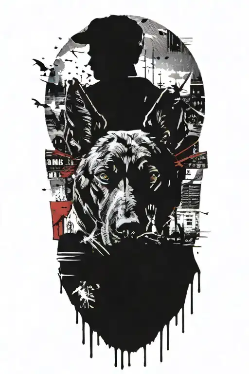 a man traveling a desolate landscape and a belgian malinois in the sky watching   tattoo design idea