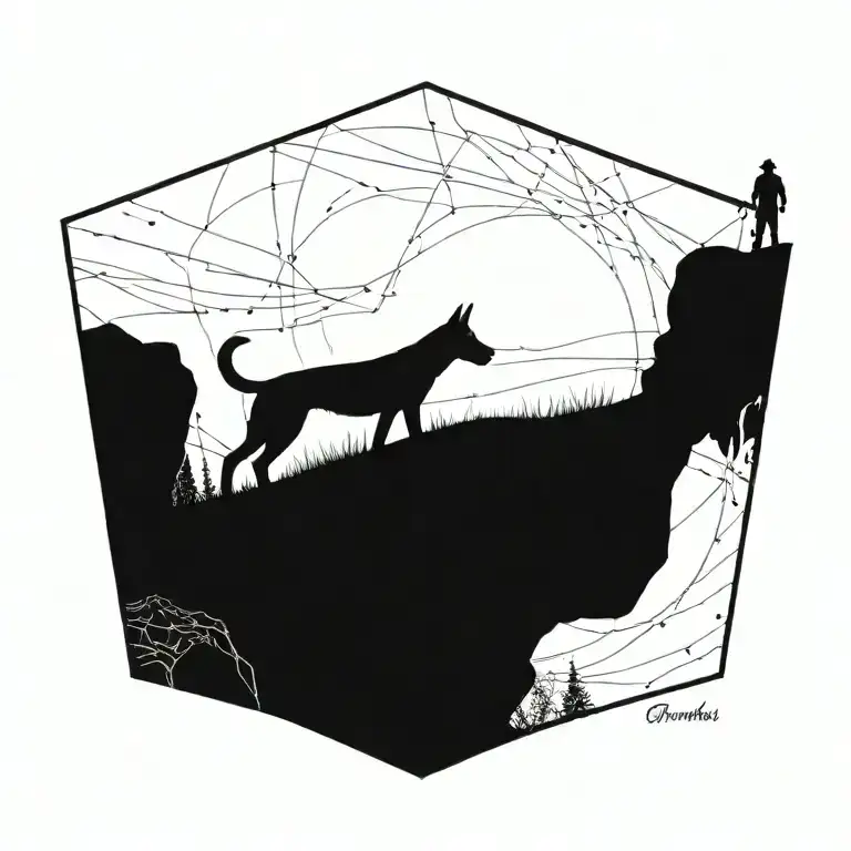 A tattoo of a Belgian Malinois standing on a cliff overlooking a silhouette of his human  walking below tattoo design idea