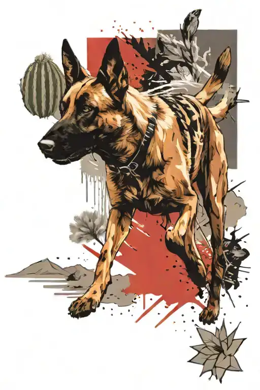 A tattoo of a Belgian Malinois running through a desert landscape with cacti and streams tattoo design idea