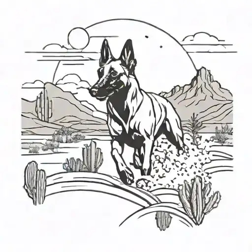 A minimalist tattoo of a Belgian Malinois running through a desert landscape with cacti and streams tattoo design idea