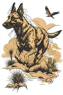 A tattoo of a Belgian Malinois running through a desert landscape with cacti and streams tattoo design idea