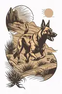 A tattoo of a Belgian Malinois running through a desert landscape with cacti and streams tattoo design idea