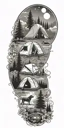 A tattoo design of a camping scene with a tent, campfire, and your wife and dogs, all surrounded by intricate floral patterns and hunting motifs, capturing your love for outdoor adventures with your loved ones tattoo design idea