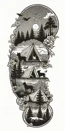 A tattoo design of a camping scene with a tent, campfire, and your wife and dogs, all surrounded by intricate floral patterns and hunting motifs, capturing your love for outdoor adventures with your loved ones tattoo design idea