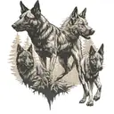A predator hunting scene in a forest setting, with a Belgian Malinois leading the way, reflecting the client's love for hunting and working dogs tattoo design idea