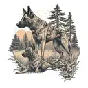 A predator hunting scene in a forest setting, with a Belgian Malinois leading the way, reflecting the client's love for hunting and working dogs tattoo design idea