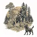 A predator hunting scene in a forest setting, with a Belgian Malinois leading the way, reflecting the client's love for hunting and working dogs tattoo design idea