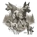 A predator hunting scene in a forest setting, with a Belgian Malinois leading the way, reflecting the client's love for hunting and working dogs tattoo design idea