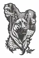 A Belgian Malinois silhouette surrounded by a forest scene with snow falling, symbolizing the client's love for their favorite dog breed and nature tattoo design idea