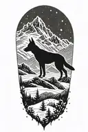 A Belgian Malinois silhouette blending into a mountain landscape with snow falling around it tattoo design idea