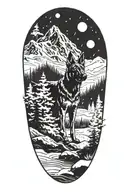 A Belgian Malinois silhouette blending into a mountain landscape with snow falling around it tattoo design idea