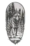 A small Belgian Malinois silhouette blending into a forest landscape with snow falling around it and river running   tattoo design idea