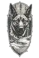 A small Belgian Malinois silhouette blending into a forest landscape with snow falling around it and river running   tattoo design idea