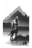 change the silhouette in this picture to a small silhouette male human crouched by the water. add a belgian malinois  tattoo design idea