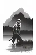 change the silhouette in this picture to a small silhouette male human crouched by the water. add a belgian malinois  tattoo design idea