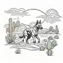 A minimalist tattoo of a Belgian Malinois running through a desert landscape with cacti and streams tattoo design idea