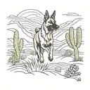 A minimalist tattoo of a Belgian Malinois running through a desert landscape with cacti and streams tattoo design idea