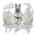 A minimalist tattoo of a Belgian Malinois running through a desert landscape with cacti and streams tattoo design idea