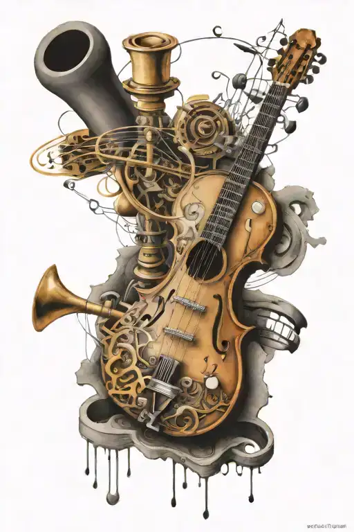 An abstract tattoo design incorporating elements of physics equations and musical instruments, symbolizing the interconnectedness of the client's passions tattoo design idea