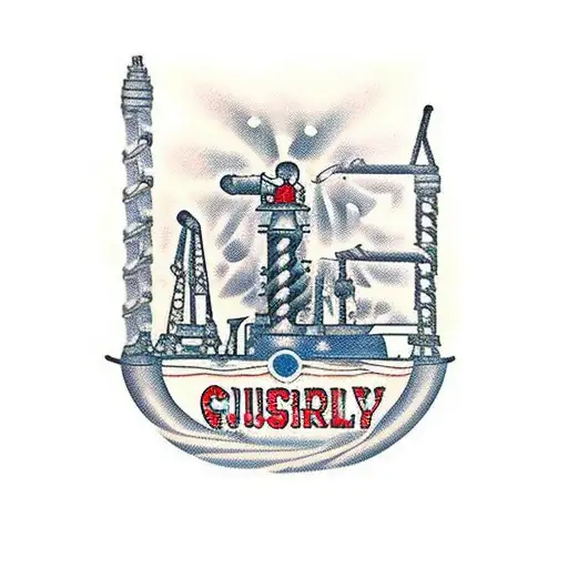 Oil rig, drilling rig, gusher, "Drill Me Daddy" script, no water, no ship, small size, 4 inch size, Sailor Jerry style  tattoo design idea