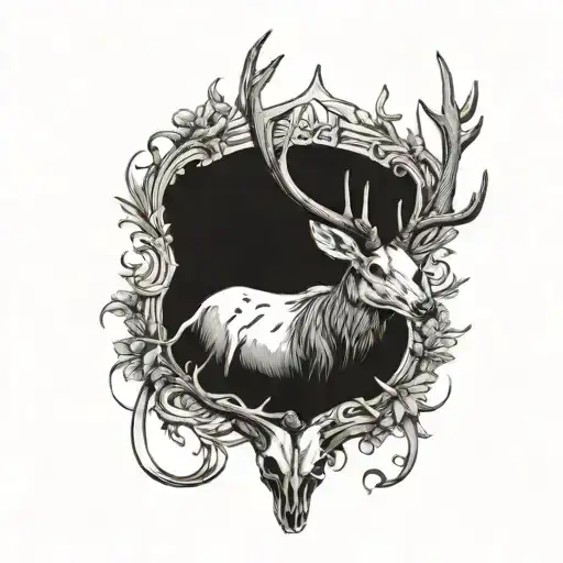 black and grey deer skull with antlers and birds sitting on the antlers   tattoo design idea