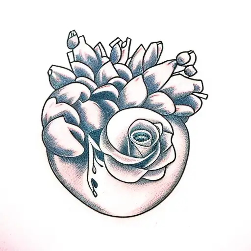 An anatomical heart surrounded by blooming tulips tattoo design idea