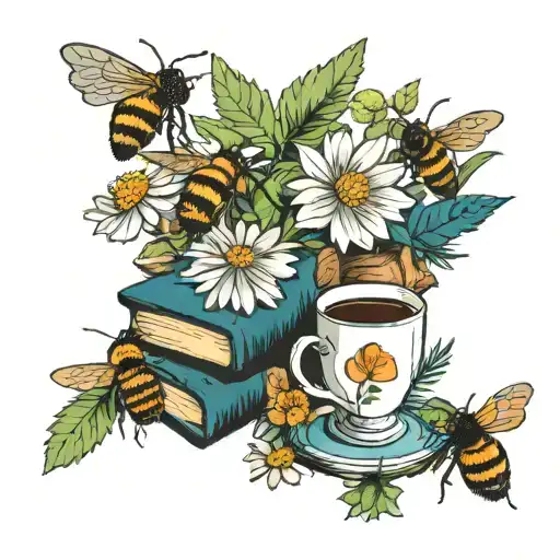 books with bees, pine trees, flowers , and coffee tattoo design idea