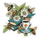 books with bees, pine trees, flowers , and coffee tattoo design idea