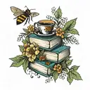 books with bees, pine trees, flowers , and coffee tattoo design idea