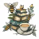 books with bees, pine trees, flowers , and coffee tattoo design idea
