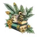 books with bees, pine trees, flowers , and coffee tattoo design idea