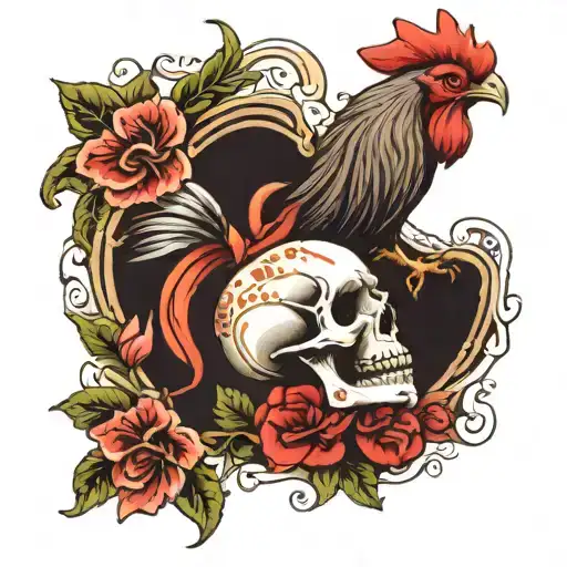 rooster, skull, jap patterns, roses mayflowers hibiscus tattoo design idea
