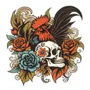 rooster, skull, jap patterns, roses mayflowers hibiscus tattoo design idea