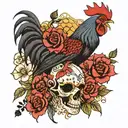 rooster, skull, jap patterns, roses mayflowers hibiscus tattoo design idea