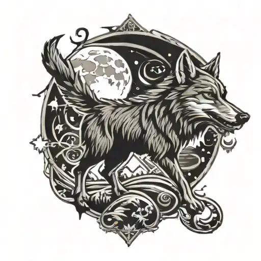A wolf howling at the moon made out of various alcoholic beverages (beer, wine, whiskey, etc.) tattoo design idea