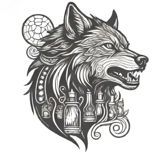A wolf howling at the moon made out of various alcoholic beverages (beer, wine, whiskey, etc.) tattoo design idea