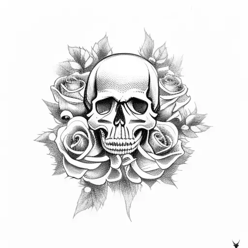 skull with cherry blossems and roses tattoo design idea