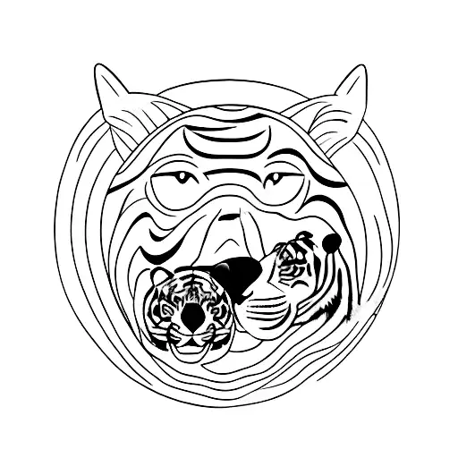 A minimalist tattoo of a dog and a tiger peacefully coexisting in a serene nature setting tattoo design idea