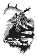 Mountain Landscape back ground. elk hunter. bison.Put Hyde family est. 3/21/2014 tattoo design idea