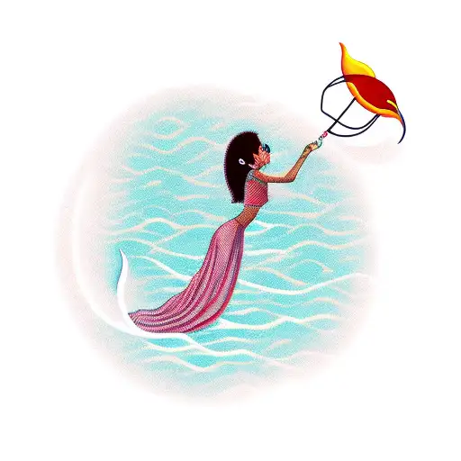 girl sitting on crescent moon holding fish hook attached to saturn tattoo design idea