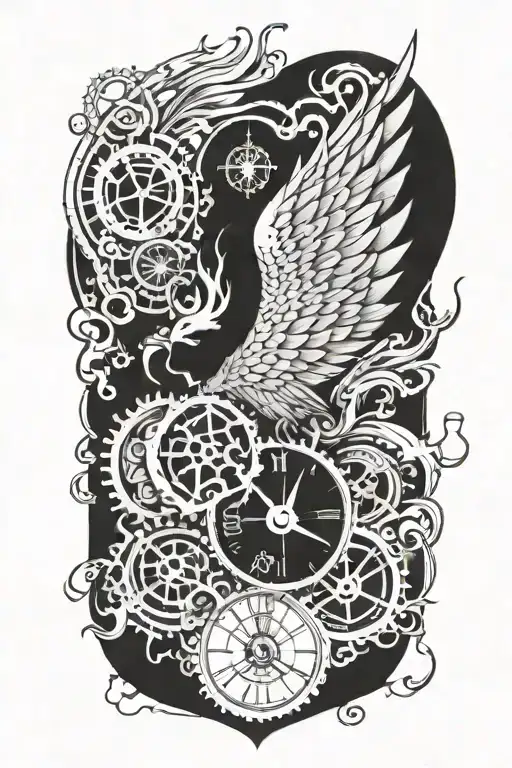 A phoenix engulfed in flames made of clock gears and hourglasses tattoo design idea