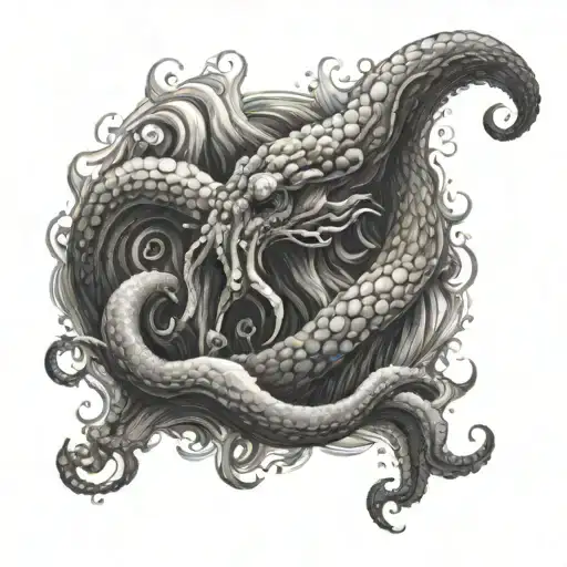 Create a tattoo of a Kraken emerging from the ocean waves, symbolizing strength and overcoming challenges tattoo design idea