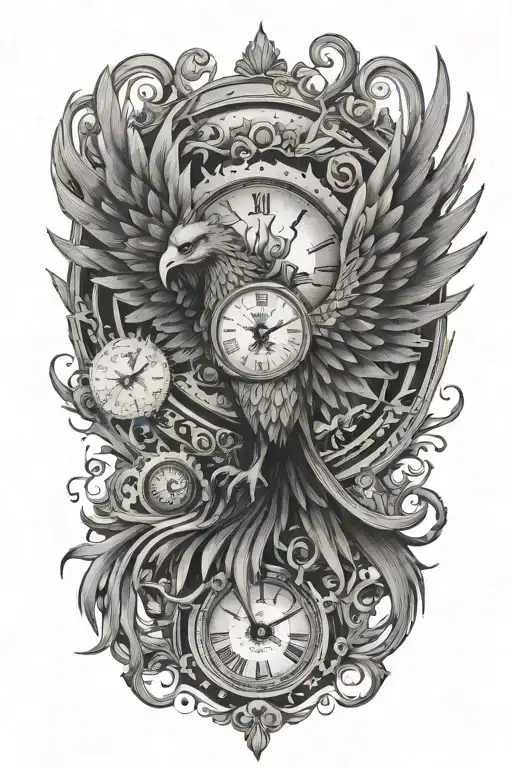 A strong terrifying phoenix made of intricate clock hands and timepieces, symbolizing rebirth and eternity tattoo design idea