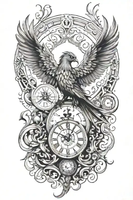 A phoenix made of intricate clock hands and timepieces, symbolizing rebirth and eternity tattoo design idea