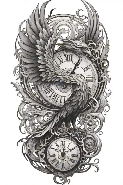 A strong terrifying phoenix made of intricate clock hands, fire and timepieces, symbolizing rebirth and eternity tattoo design idea