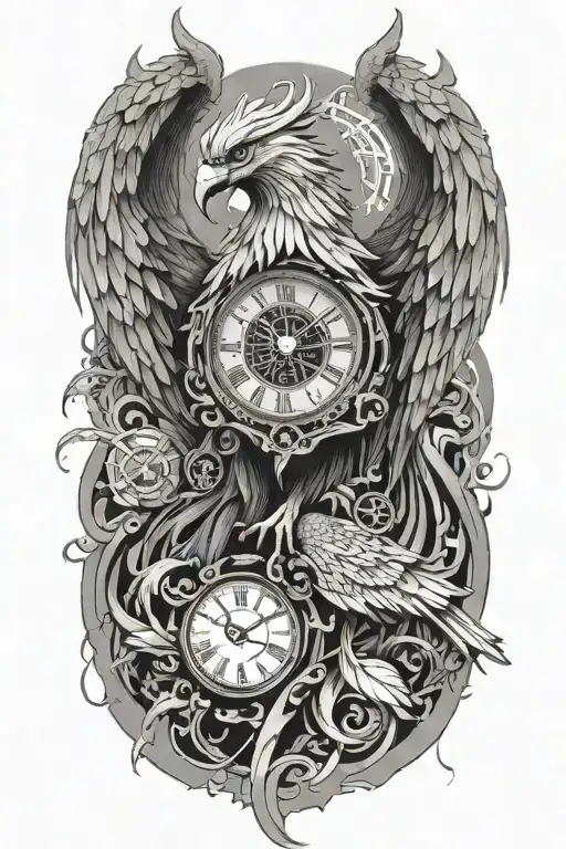 A strong terrifying phoenix made of intricate clock hands, fire and timepieces, symbolizing rebirth and eternity tattoo design idea