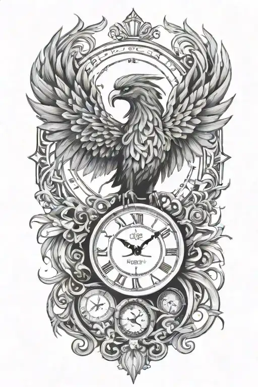 A phoenix made of intricate clock hands and timepieces, symbolizing rebirth and eternity tattoo design idea